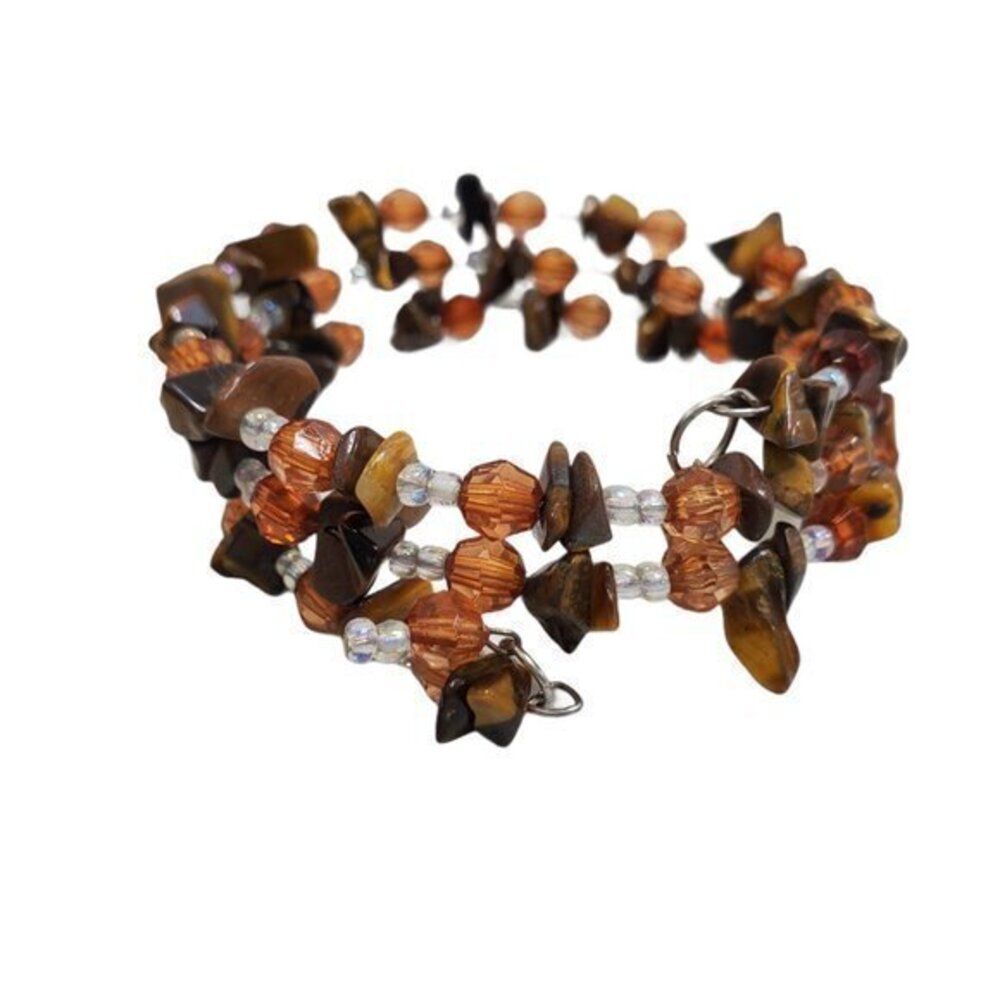 Tigers Eye Beaded Bracelet Wire Wrap Stacked‎ Brown